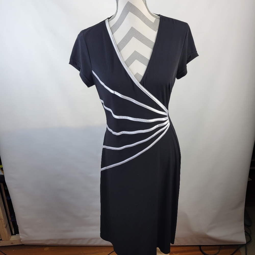 Womans Connected Apparel Petites Black/White Faux Wrap Dress Size 12P